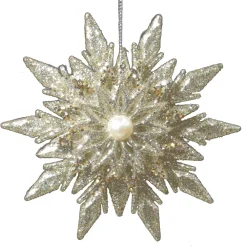Best Christmas Forever ORN GOLD /SILVER SNOWFLAKE 4.5″ W/ PEARL BEAD & GLITTER