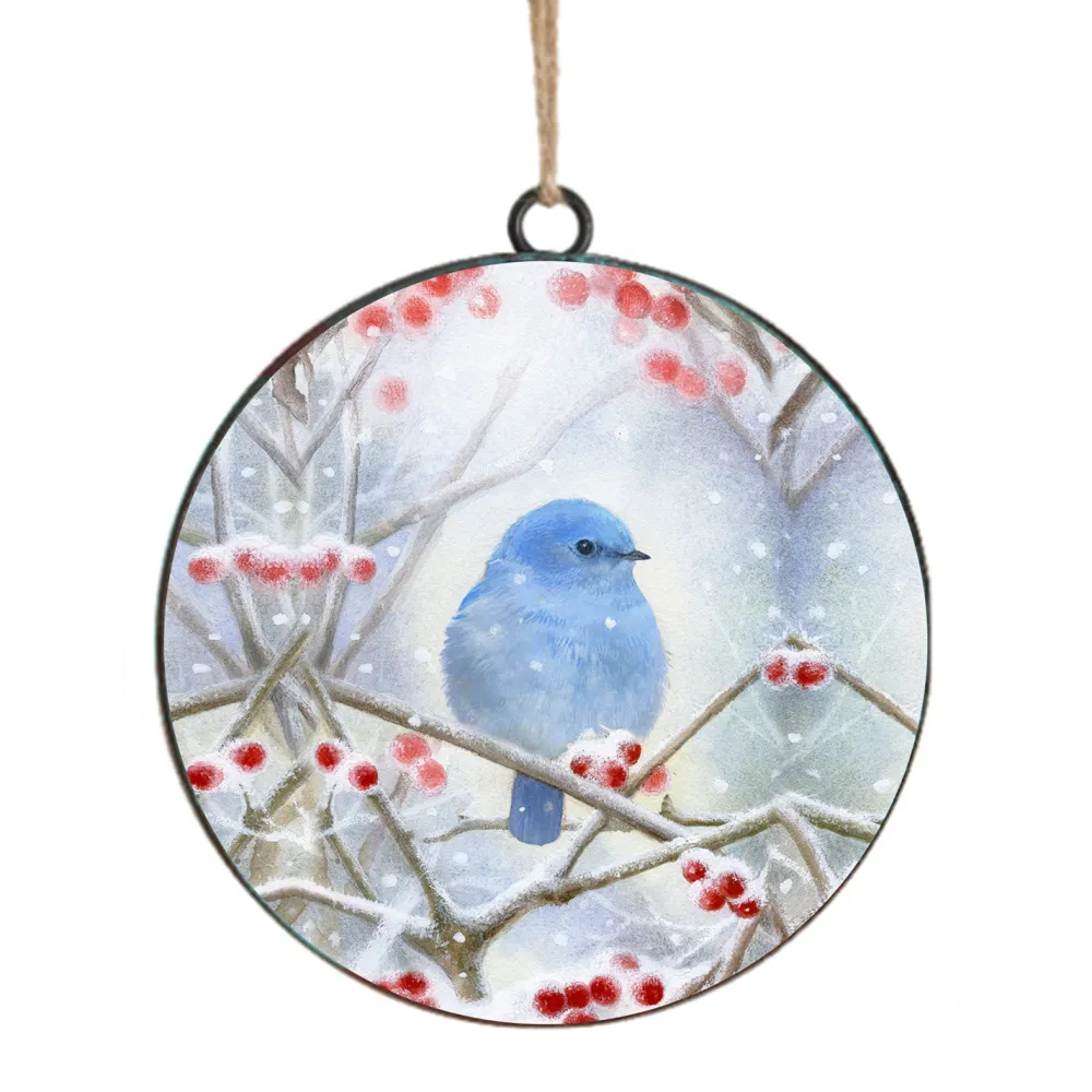 Best Christmas Forever ORN METAL DISC 4″ BLUE BIRD ON A TREE BRANCH SNOWING