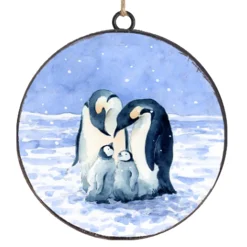 Hot Christmas Forever ORN METAL DISC 4″ BLUE /BLACK PENGUIN FAMILY