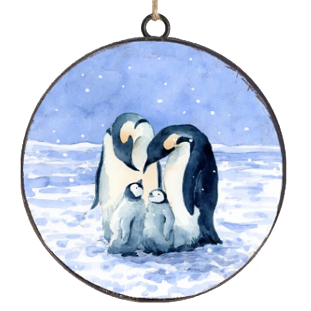 Hot Christmas Forever ORN METAL DISC 4″ BLUE /BLACK PENGUIN FAMILY
