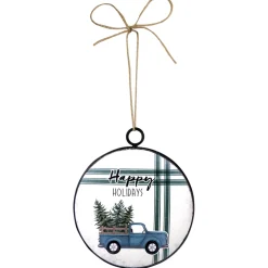 Clearance Christmas Forever ORN METAL DISC 4″ BLUE TRUCK W/ TREES AT BACK