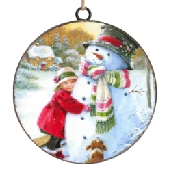Discount Christmas Forever ORN METAL DISC 4″ GIRL HUGGING SNOWMAN