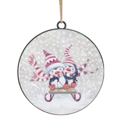 Discount Christmas Forever ORN METAL DISC 4″ PENGUIN ON A SLEIGH RIDE