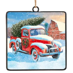 Discount Christmas Forever ORN METAL SQUARE DISC 4″ RED TRUCK