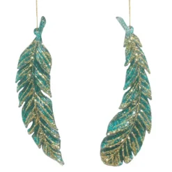 Sale Christmas Forever ORN PEACOCK FEATHER 6.25″ W/ GOLD GLTR. 2/S