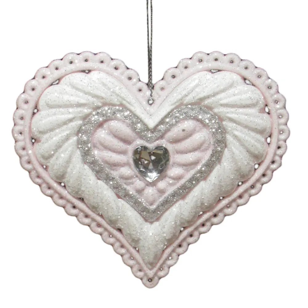 Best Christmas Forever ORN PINK/ WHITE ICE HEART 4″ W/ JEWEL & GLITTER