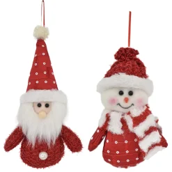 Clearance Christmas Forever ORN PLUSH SANTA- SNOWMAN RED/WHITE AND POLKA DOTS 5.5″ 2/S