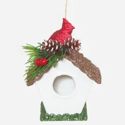 Online Christmas Forever ORN RED CARDINAL ON WHITE BIRD HOUSE 4″ W/ GLITTER