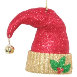 New Christmas Forever ORN RED SANTA HAT 3.25″ RED/GOLD GLITTER W/ SHINY GOLD BELL