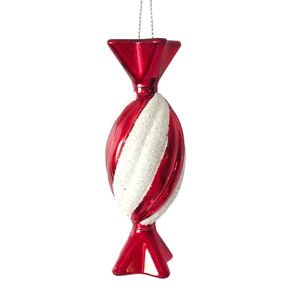 Clearance Christmas Forever ORN RED/WHITE CANDY 4″ W/ WHITE GLITTER