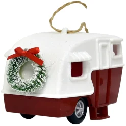 New Christmas Forever ORN RED/WHITE 3-D CAMPER 4.25″ W/ WREATH & GLITTER