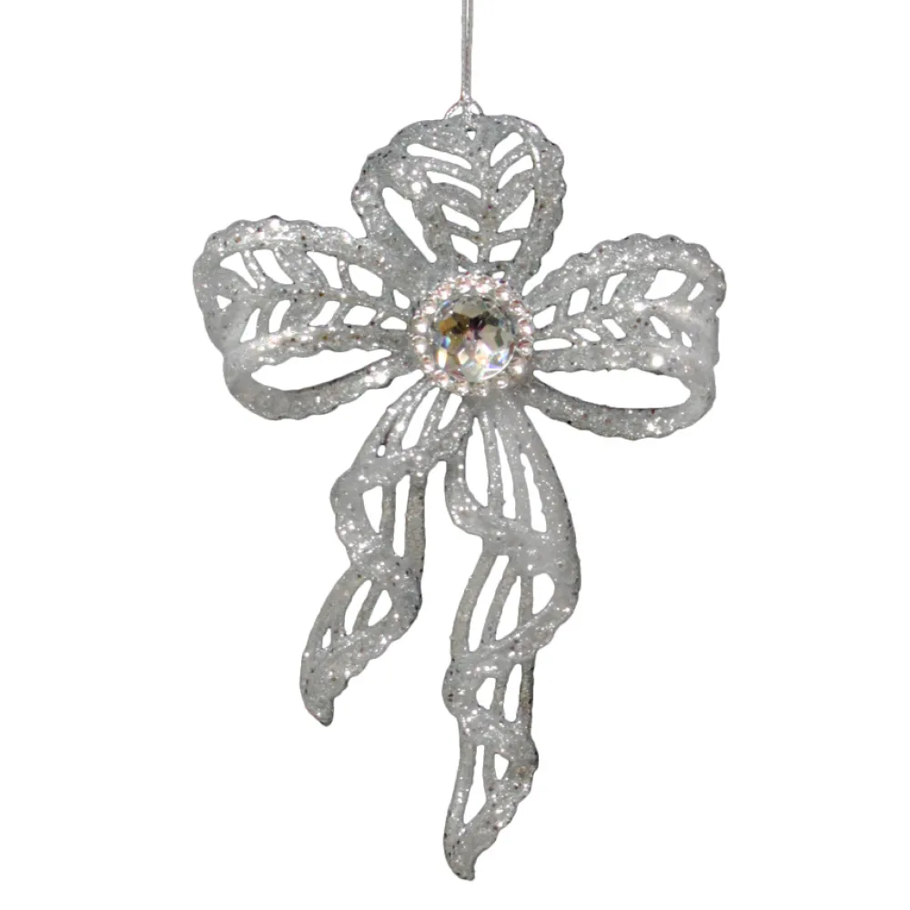 Sale Christmas Forever ORN SILVER BOW 6″ ENGRAVED W/ JEWEL AND GLTR.