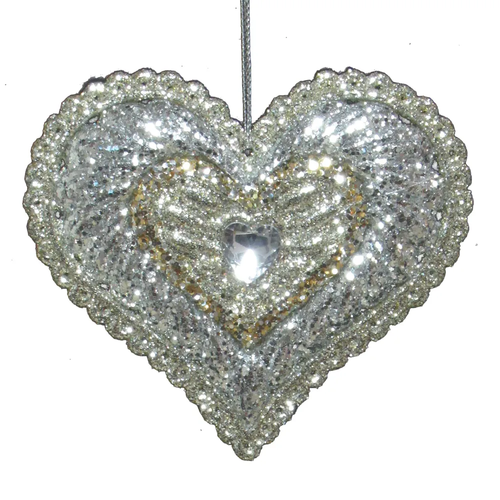 Sale Christmas Forever ORN SILVER HEART 4″ W/ PART GOLD GLITTER & JEWEL
