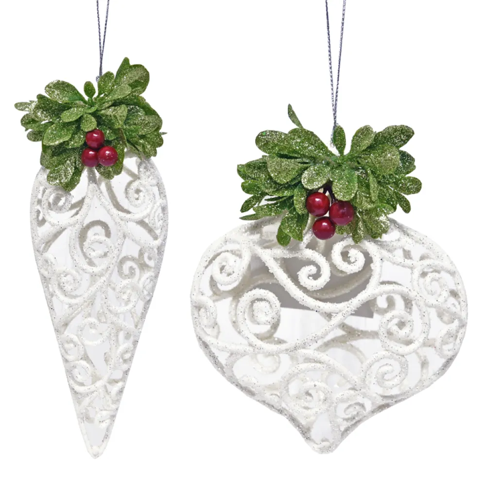 Clearance Christmas Forever ORN WHITE FINIAL 6.5″/ ONION 5″ WHITE CUTOUT W/ BERRIES 2/S
