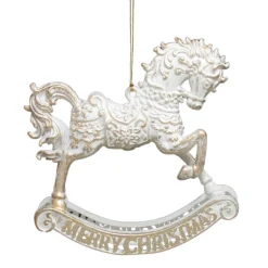 Outlet Christmas Forever ORN WHITE/GOLD ROCKING HORSE 5.25″ W/ CHAMP. GLTR.