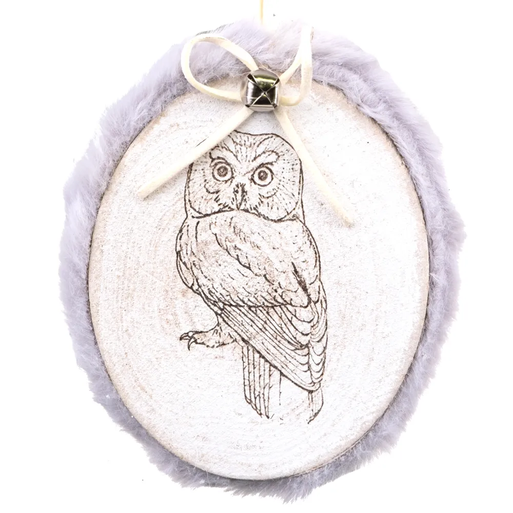 Online Christmas Forever ORN WOODEN DISC 4.5″ BIRCH W/ OWL & FUR TRIM