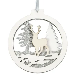 Discount Christmas Forever ORN WOODEN DISC 4″ DEER IN FOREST WHITE/SILVER