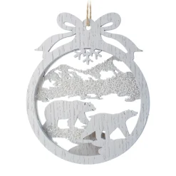 Clearance Christmas Forever ORN WOODEN DISC BEAR IN DICS 5″ WHITE WASH W/ BOW