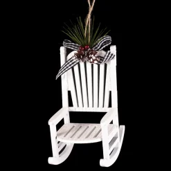 Discount Christmas Forever ORN WOODEN ROCKING CHAIR 5″ WHITE W/WHT/BLK CHECK RIBBON BOW & GREENS