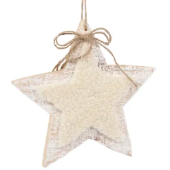 Christmas Forever ORN WOODEN STAR 8.5″ NATURAL/ WHITE W/ SHERPA & BOW