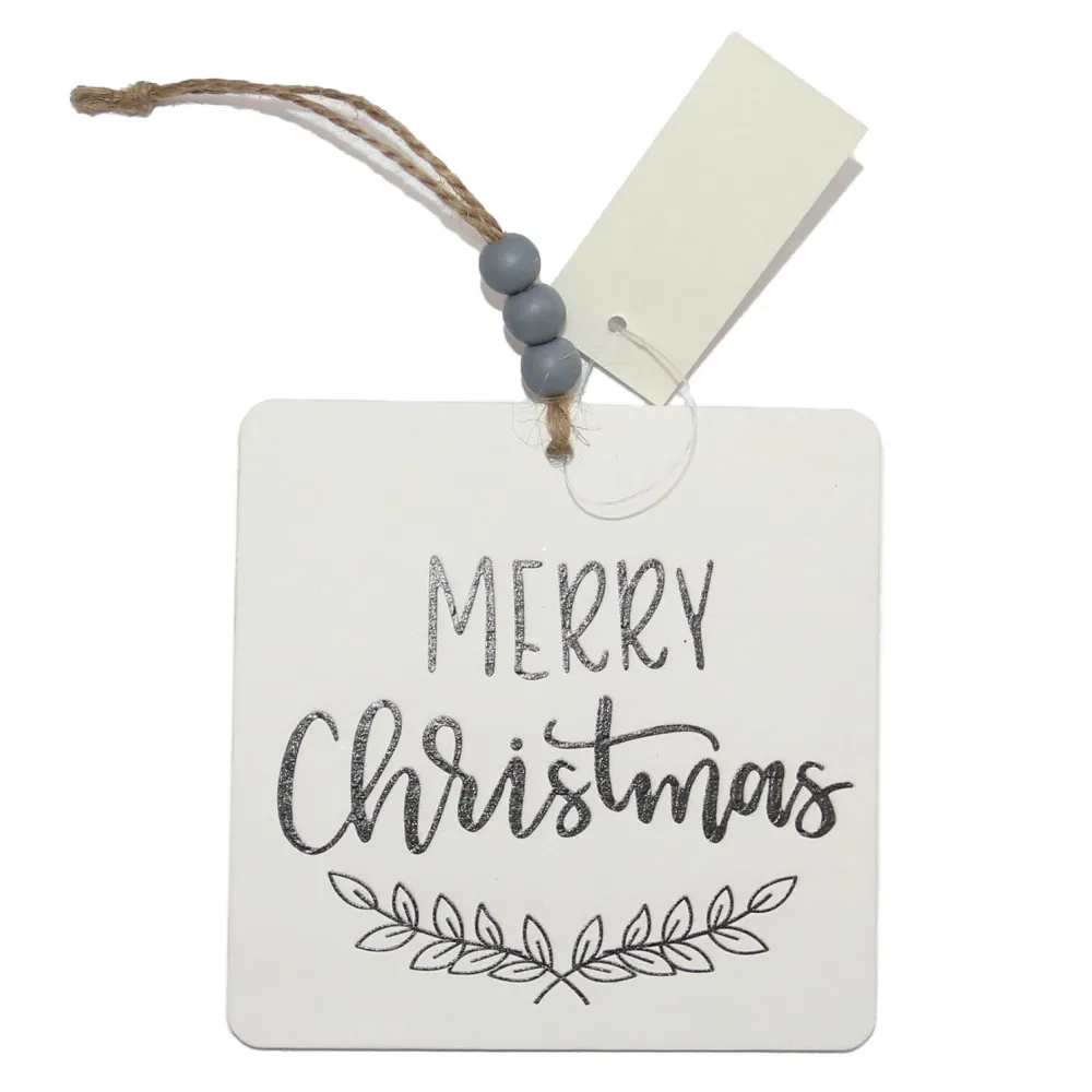Clearance Christmas Forever ORN WOODEN TAG 4″W/ MERRY CHRISTMAS WHITE/BLACK/GREY