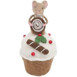 Christmas Forever ORN WOOL BAKERY MOUSE 6.5″ BROWN/WHITE MOUSE ON A CUP CAKE