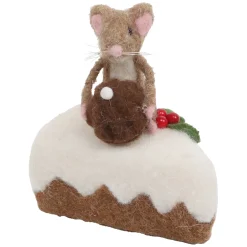 Online Christmas Forever ORN WOOL BAKERY MOUSE TABLE DECOR 4.5″ BROWN/WHITE ON A CHEESE