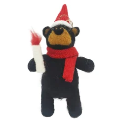 Clearance Christmas Forever ORN WOOL BEAR 6″X4″X3″ BLACK W/ SANTA HAT&SCARF