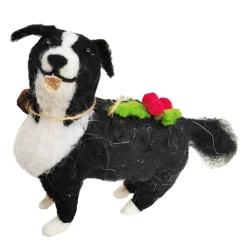 Hot Christmas Forever ORN WOOL DOG 4.5″ BLACK & WHITE W/ BELL AND HOLLY