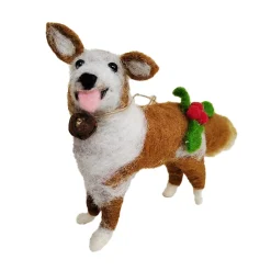 Hot Christmas Forever ORN WOOL DOG 4.5″ BROWN & WHITE W/ BALL