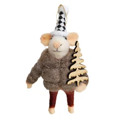 Christmas Forever ORN WOOL MOUSE 5.5″ BROWN FUR COAT WITH CHRISTMAS TREE