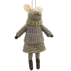 Christmas Forever ORN WOOL MOUSE GIRL W/ TWEED SWEATER 6.5″ GREY/BROWN