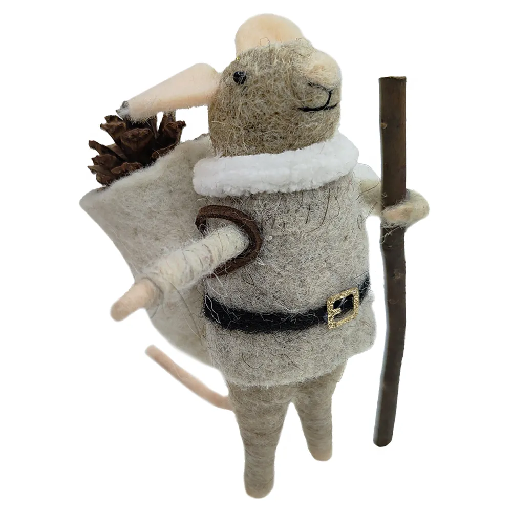 Outlet Christmas Forever ORN WOOL MOUSE HIKING W/ CONE & SACK 5″ GREY/BROWN