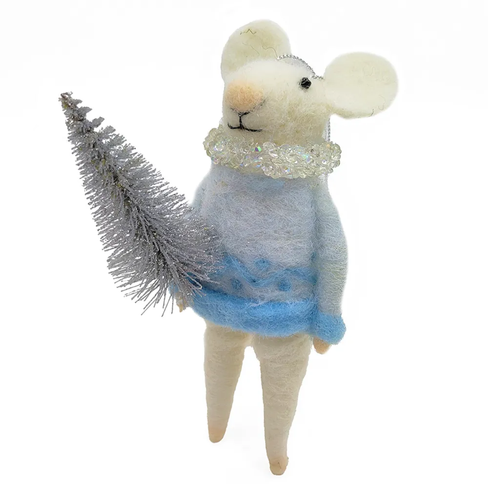 Online Christmas Forever ORN WOOL MOUSE HOLDING A TREE 5″ ICED BLUE/SILVER