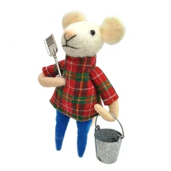 Online Christmas Forever ORN WOOL MOUSE HOLDING A SHOVEL & BUCKET 3″ BLUE/PLAID