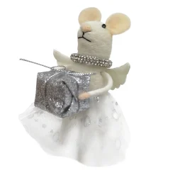 Best Christmas Forever ORN WOOL MOUSE HOLDING GIFTBOX 5″ SILVER/WHITE