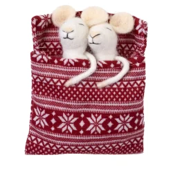 Sale Christmas Forever ORN WOOL MOUSEx2 5″ SLEEPING IN BED RED NORDIC PRINT