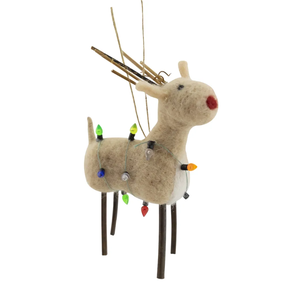 Best Christmas Forever ORN WOOL REINDEER 6″ BEIGE W/ MULTI COLOR LIGHT STRINGS