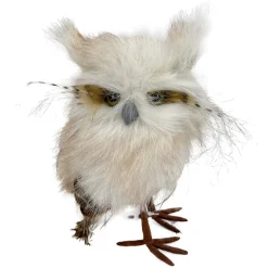New Christmas Forever OWL BEIGE STANDING FAUX FUR 4.5″x7″ W/ FEATHERS