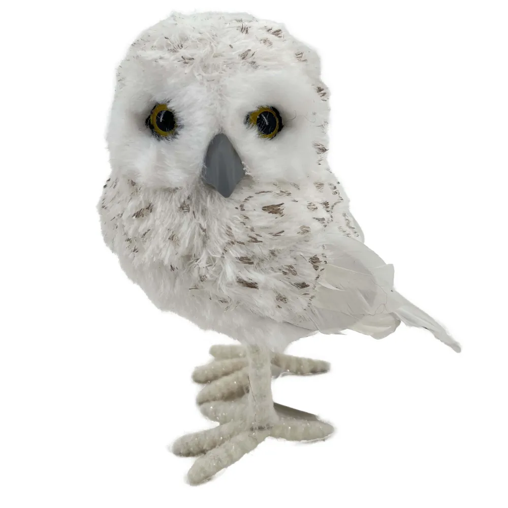 Christmas Forever OWL WHITE STANDING FABRIC & FAUX FUR 4″x5.5″ W/ FEATHERS