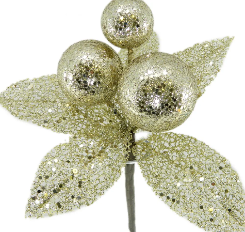 Online Christmas Forever PICK BALLS 8.5″ W/LEAVES CHAMPAGNE GLITTER