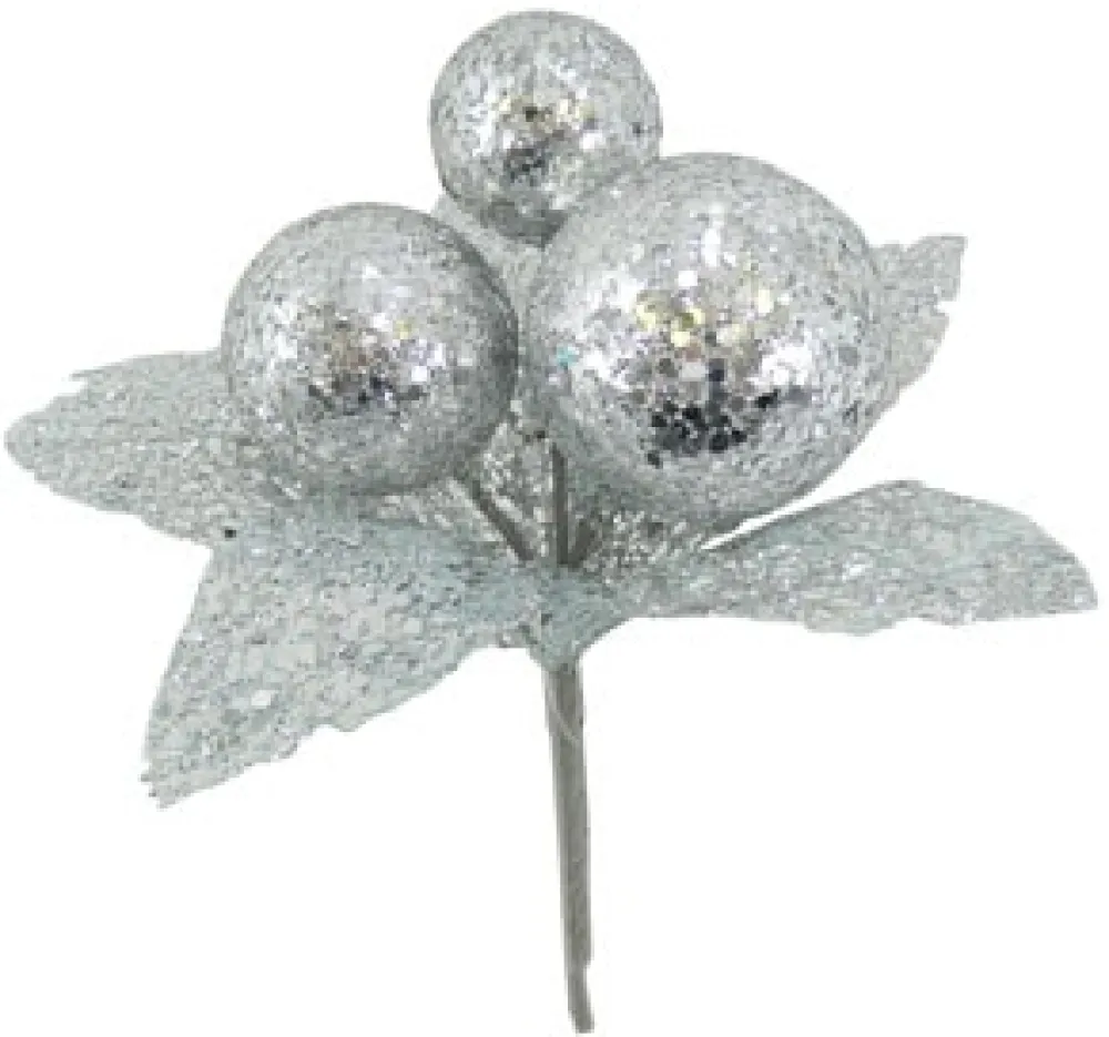 New Christmas Forever PICK BALLS 8.5″ W/LEAVES SILVER GLITTER