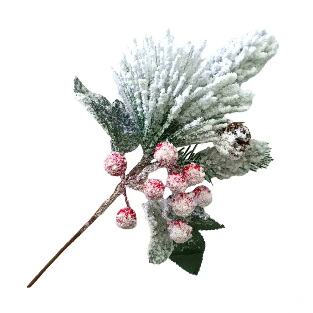 Best Christmas Forever PICK GRN PINE 11″ RED BERRIES & CONES FLOCKED