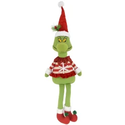 New Christmas Forever PLUSH GRINCH SITTING DANGLING LEGS 25″ W/ SNOWFLAKE SWEATER RED/GREEN