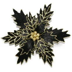 Outlet Christmas Forever POINSETTIA HEAD BLACK 13.5″ VELVET W/ GOLD GLITTER W/ CLIP
