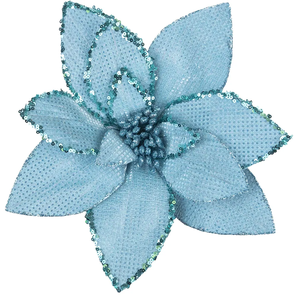 Best Christmas Forever POINSETTIA HEAD BLUE ICE 10″ W/ GLITTER BORDER & CLIP