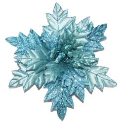 Outlet Christmas Forever POINSETTIA HEAD BLUE ICE 13.5″ W/GLITTER W/CLIP