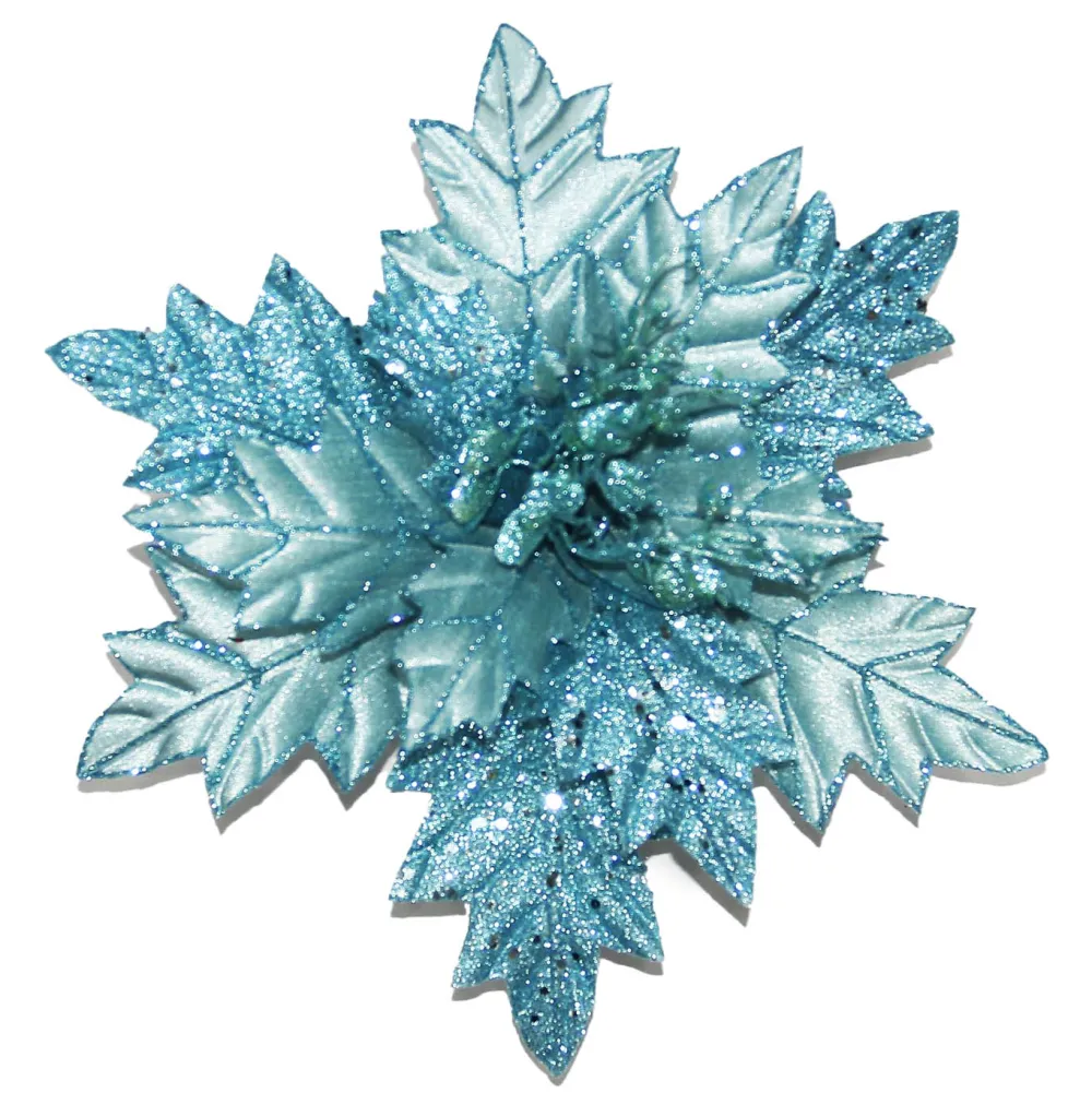 Outlet Christmas Forever POINSETTIA HEAD BLUE ICE 13.5″ W/GLITTER W/CLIP