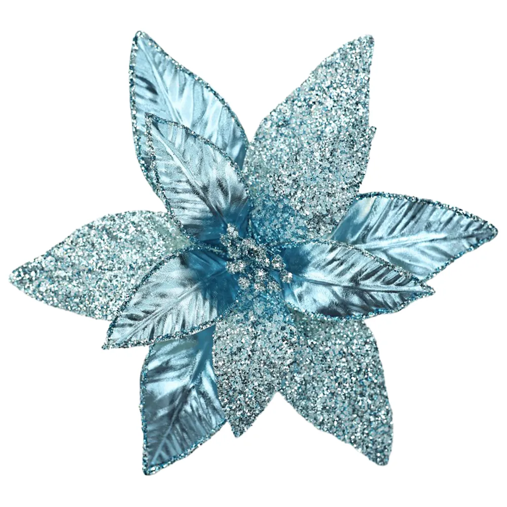 Outlet Christmas Forever POINSETTIA HEAD BLUE ICE 12″ LEATHER METALLIC W/ CLIP