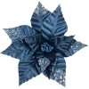 Christmas Forever POINSETTIA HEAD BLUE NAVY 10″VELVET W/ SEQUINS & GLITTER W/ CLIP